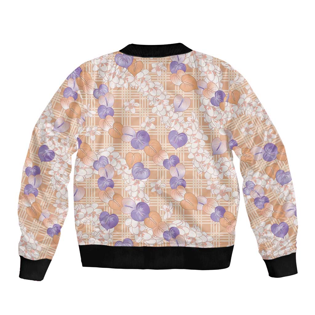Anthurium Plumeria Lei Pastel Sleeve Zip Bomber Jacket Orange Hawaiian Splendid Palaka LT01 - Polynesian Pride
