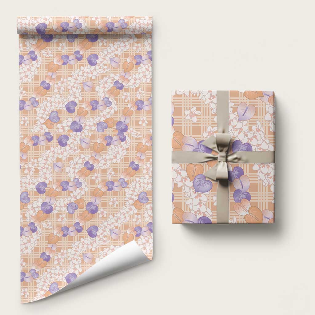 Anthurium Plumeria Lei Pastel Wrapping Paper Orange Hawaiian Splendid Palaka LT01 58" × 23" Orange - Polynesian Pride