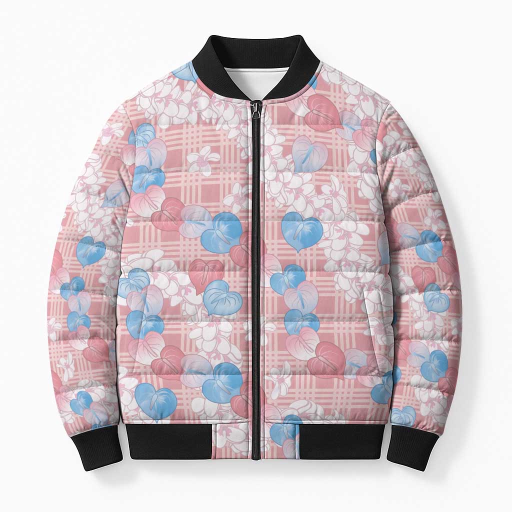 Anthurium Plumeria Lei Pastel Bomber Puffer Jacket Pink Hawaiian Splendid Palaka LT01 Unisex Pink - Polynesian Pride