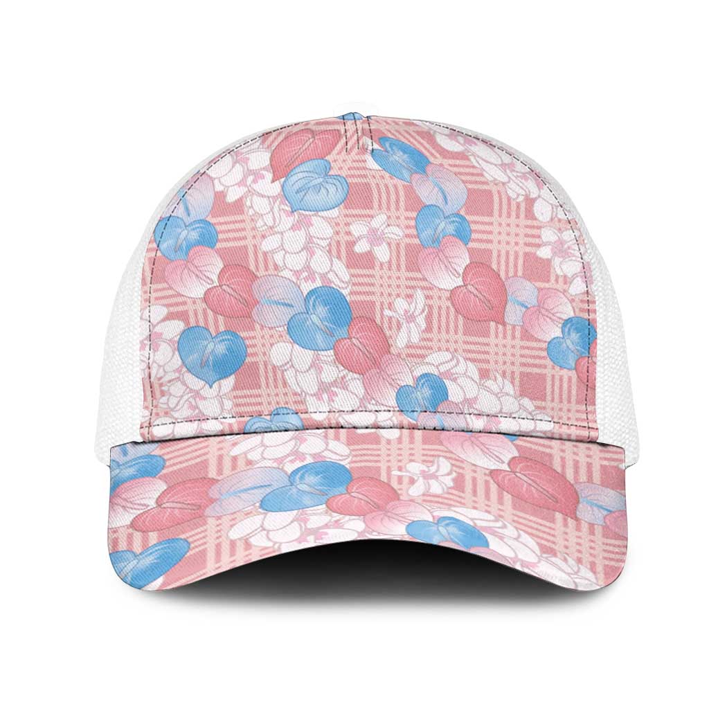 Anthurium Plumeria Lei Pastel Mesh Trucker Cap Pink Hawaiian Splendid Palaka LT01 One Size White Pink - Polynesian Pride