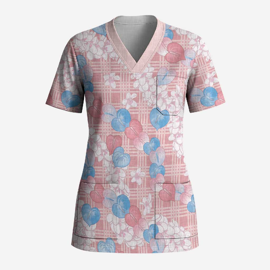 Anthurium Plumeria Lei Pastel Scrub Top Pink Hawaiian Splendid Palaka LT01 Adult Pink - Polynesian Pride