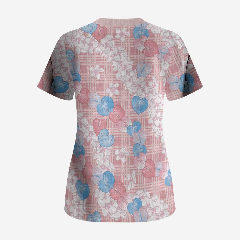 Anthurium Plumeria Lei Pastel Scrub Top Pink Hawaiian Splendid Palaka LT01 - Polynesian Pride