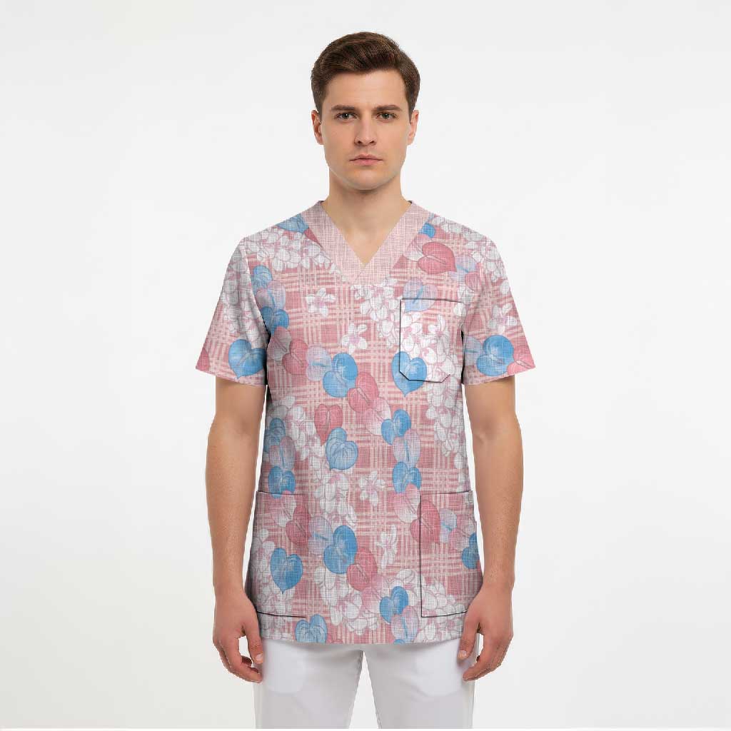 Anthurium Plumeria Lei Pastel Scrub Top Pink Hawaiian Splendid Palaka LT01 - Polynesian Pride
