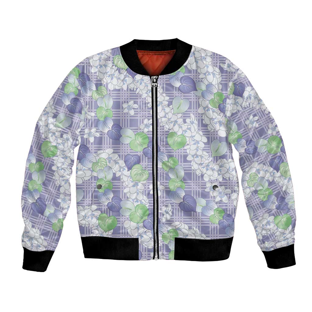 Anthurium Plumeria Lei Pastel Bomber Jacket Purple Hawaiian Splendid Palaka LT01 Unisex Purple - Polynesian Pride