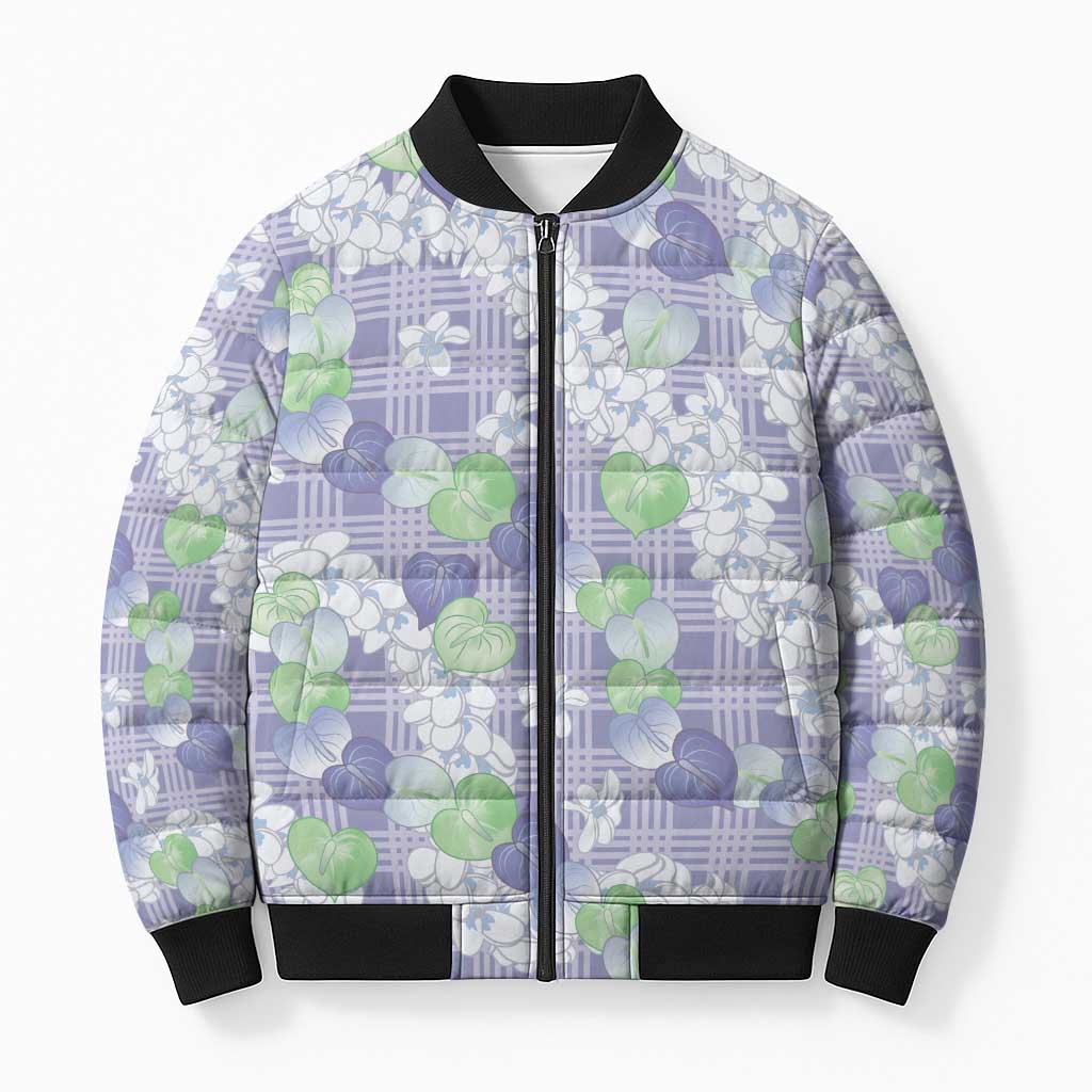 Anthurium Plumeria Lei Pastel Bomber Puffer Jacket Purple Hawaiian Splendid Palaka LT01 Unisex Purple - Polynesian Pride