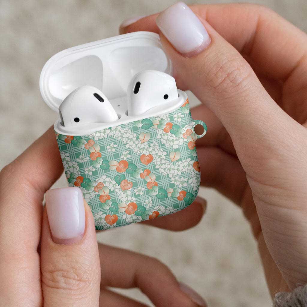 Anthurium Plumeria Lei Pastel AirPods Case Teal Hawaiian Splendid Palaka LT01 - Polynesian Pride