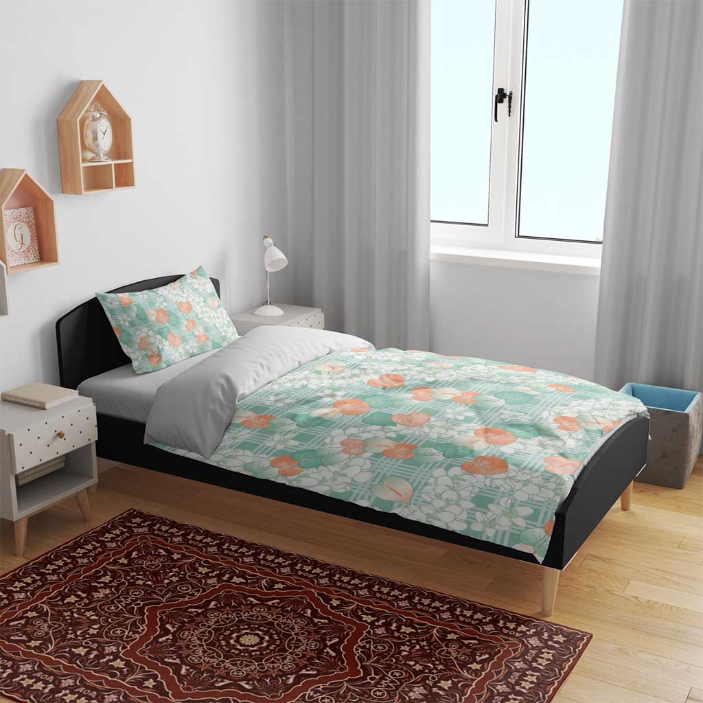 Anthurium Plumeria Lei Pastel Bedding Set Teal Hawaiian Splendid Palaka LT01 - Polynesian Pride