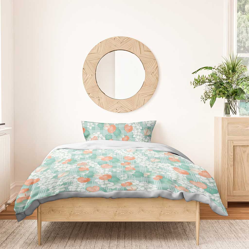 Anthurium Plumeria Lei Pastel Bedding Set Teal Hawaiian Splendid Palaka LT01 - Polynesian Pride
