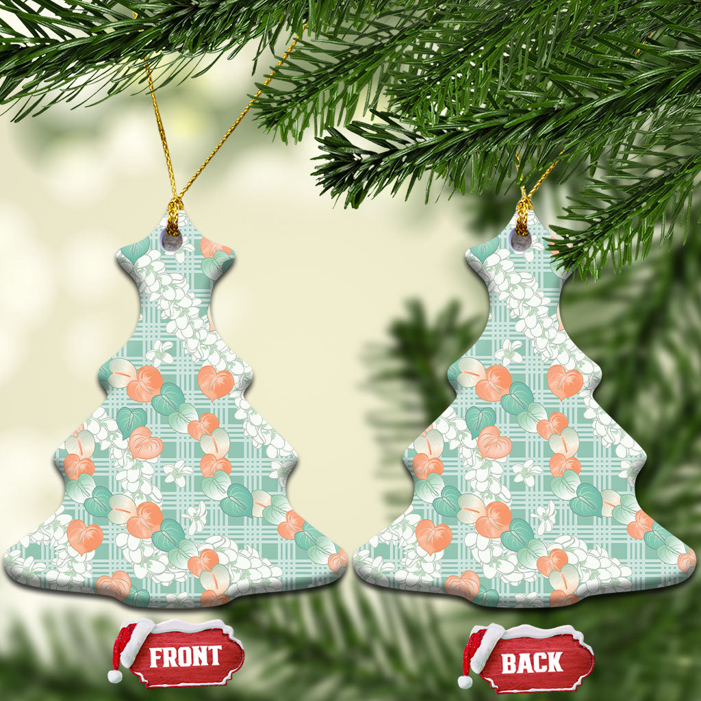 Anthurium Plumeria Lei Pastel Ceramic Ornament Teal Hawaiian Splendid Palaka LT01 Christmas Tree Teal - Polynesian Pride
