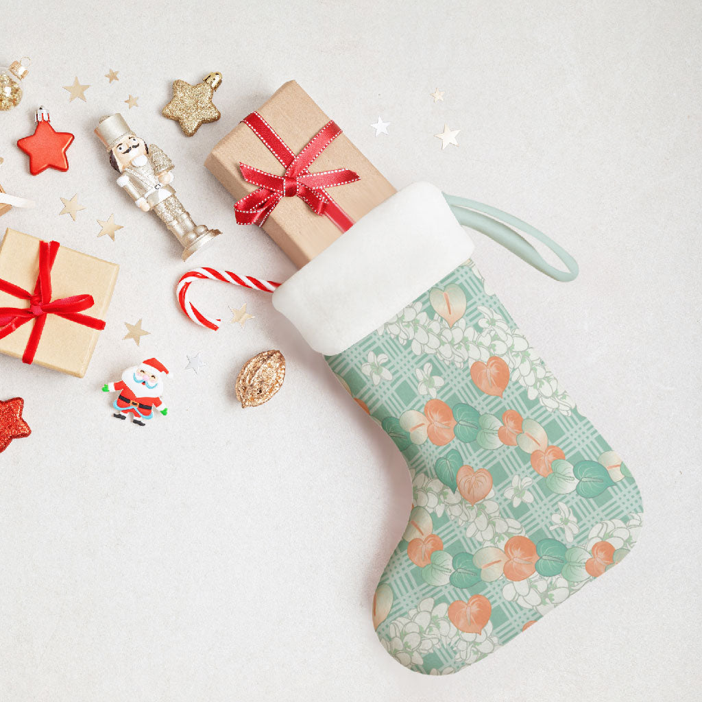 Anthurium Plumeria Lei Pastel Christmas Stocking Teal Hawaiian Splendid Palaka LT01 - Polynesian Pride