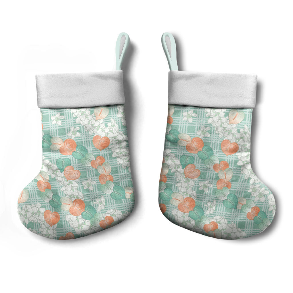 Anthurium Plumeria Lei Pastel Christmas Stocking Teal Hawaiian Splendid Palaka LT01 - Polynesian Pride
