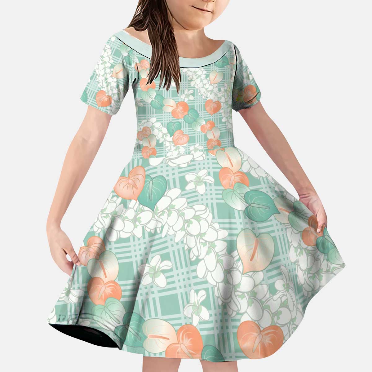 Anthurium Plumeria Lei Pastel Kid Short Sleeve Dress Teal Hawaiian Splendid Palaka LT01 KID Teal - Polynesian Pride