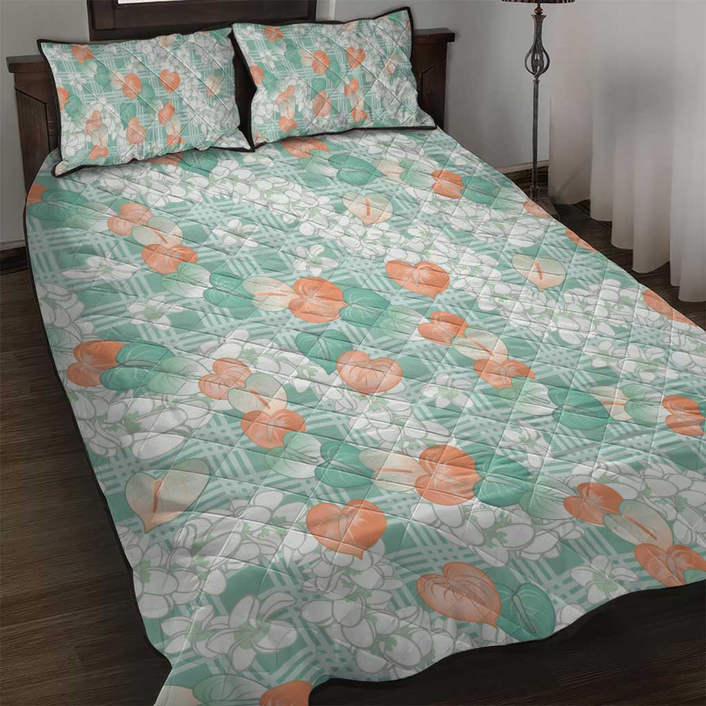 Anthurium Plumeria Lei Pastel Quilt Bed Set Teal Hawaiian Splendid Palaka LT01 Teal - Polynesian Pride