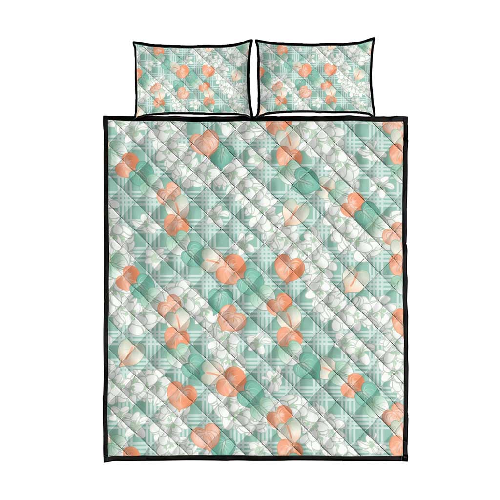 Anthurium Plumeria Lei Pastel Quilt Bed Set Teal Hawaiian Splendid Palaka LT01 - Polynesian Pride