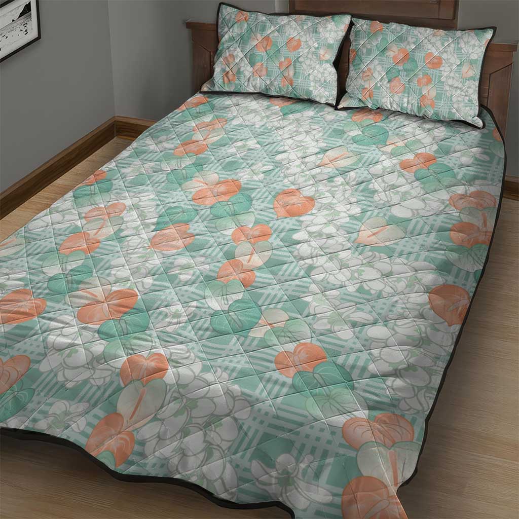 Anthurium Plumeria Lei Pastel Quilt Bed Set Teal Hawaiian Splendid Palaka LT01 - Polynesian Pride