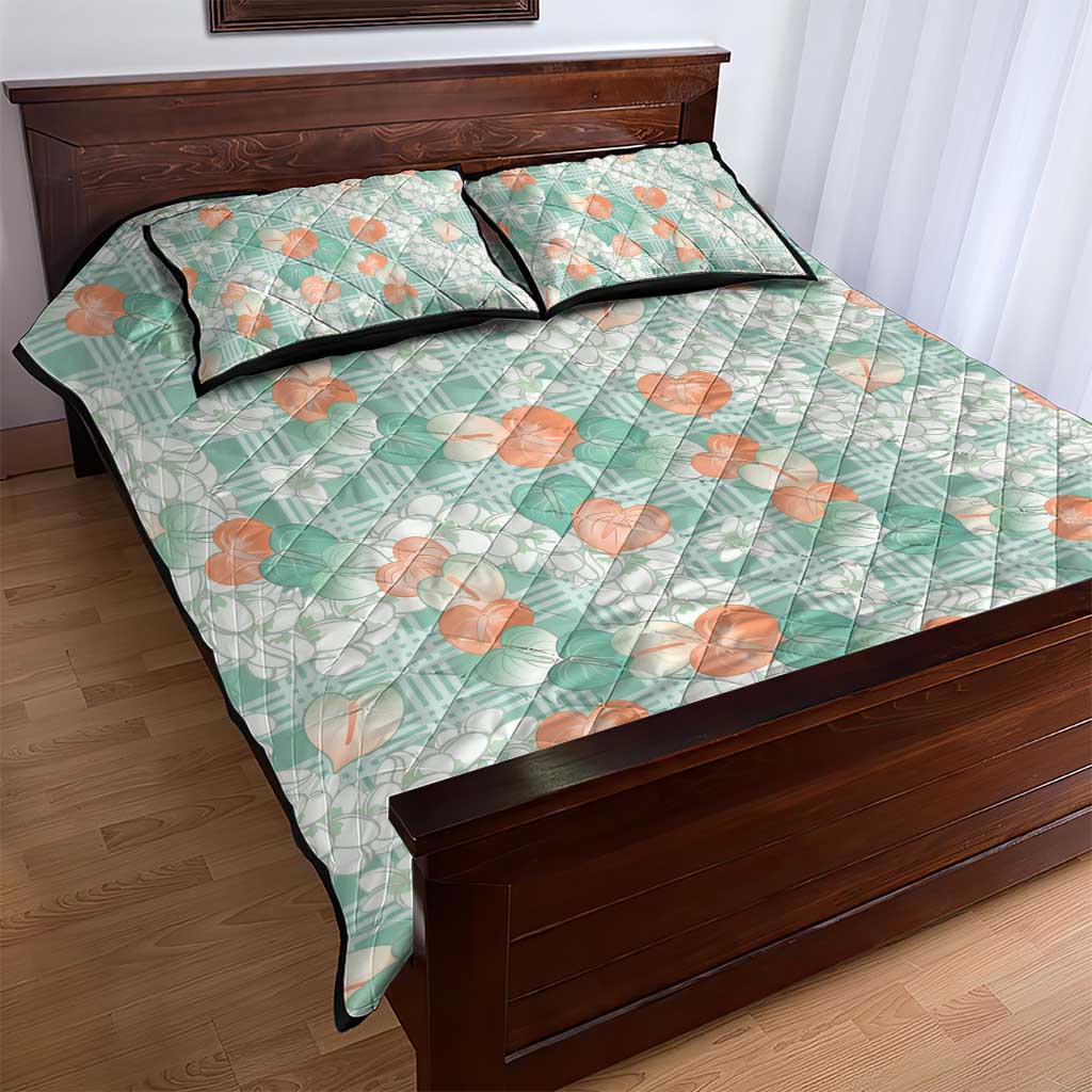 Anthurium Plumeria Lei Pastel Quilt Bed Set Teal Hawaiian Splendid Palaka LT01 - Polynesian Pride