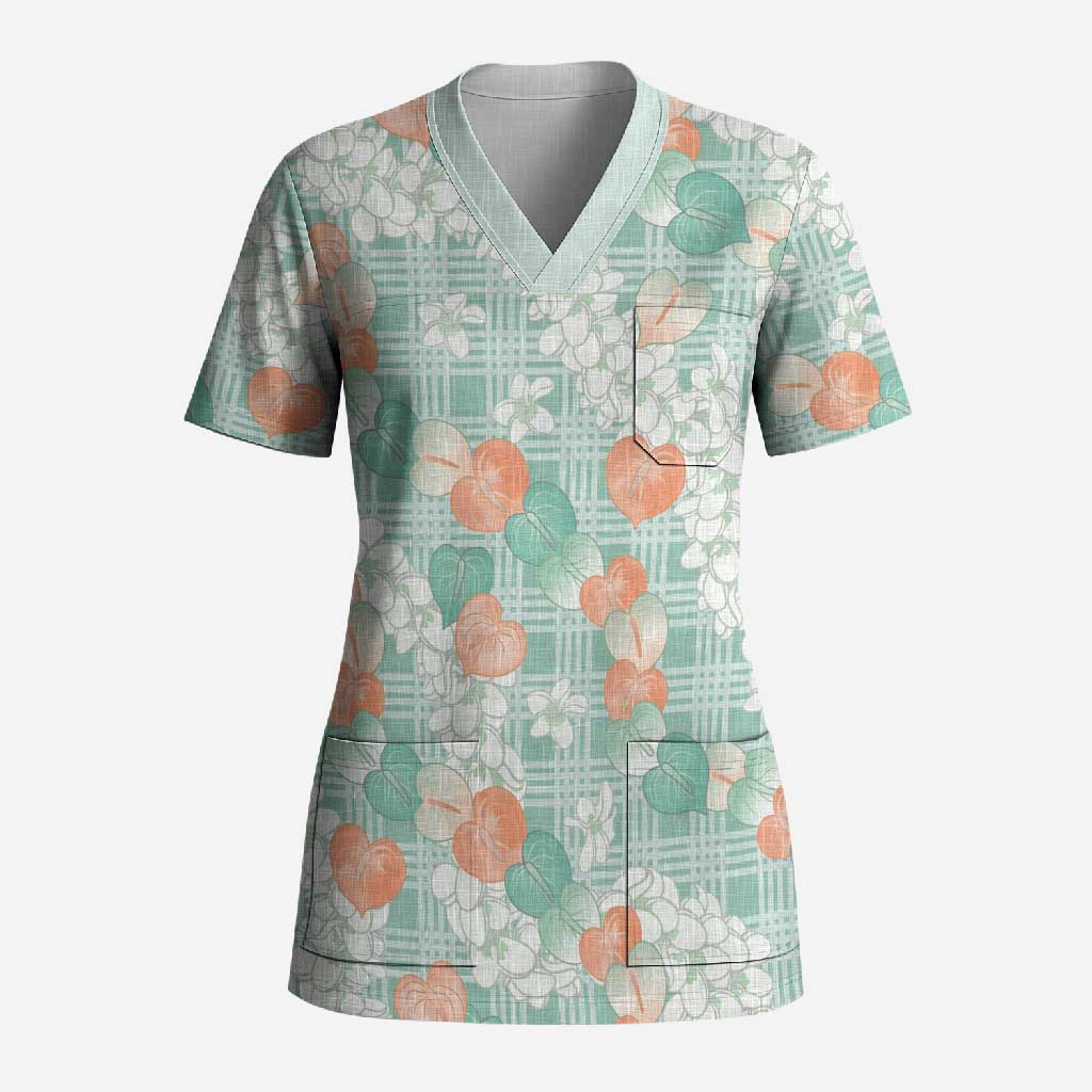 Anthurium Plumeria Lei Pastel Scrub Top Teal Hawaiian Splendid Palaka LT01 Adult Teal - Polynesian Pride