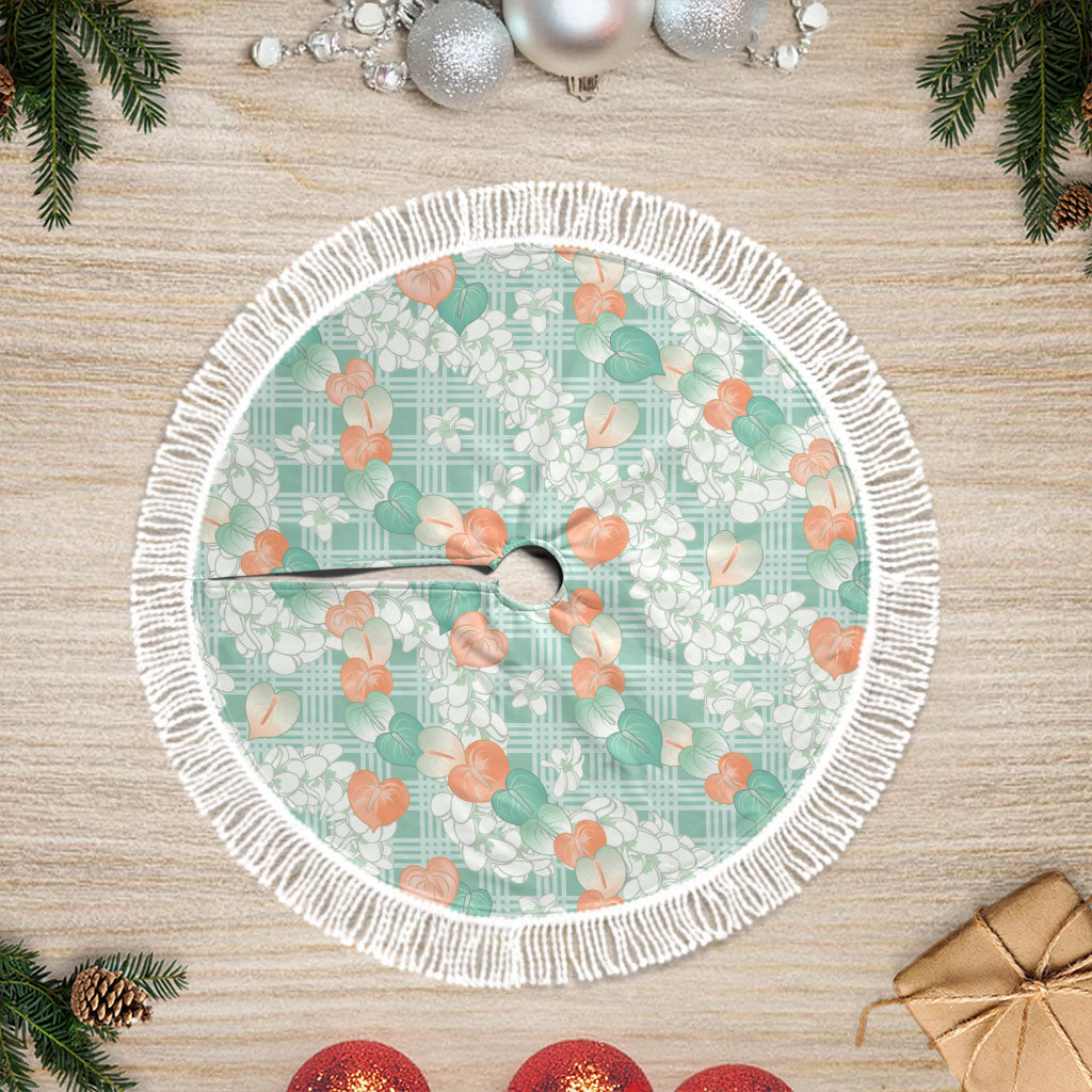 Anthurium Plumeria Lei Pastel Tree Skirt Teal Hawaiian Splendid Palaka LT01 Fringed Teal - Polynesian Pride