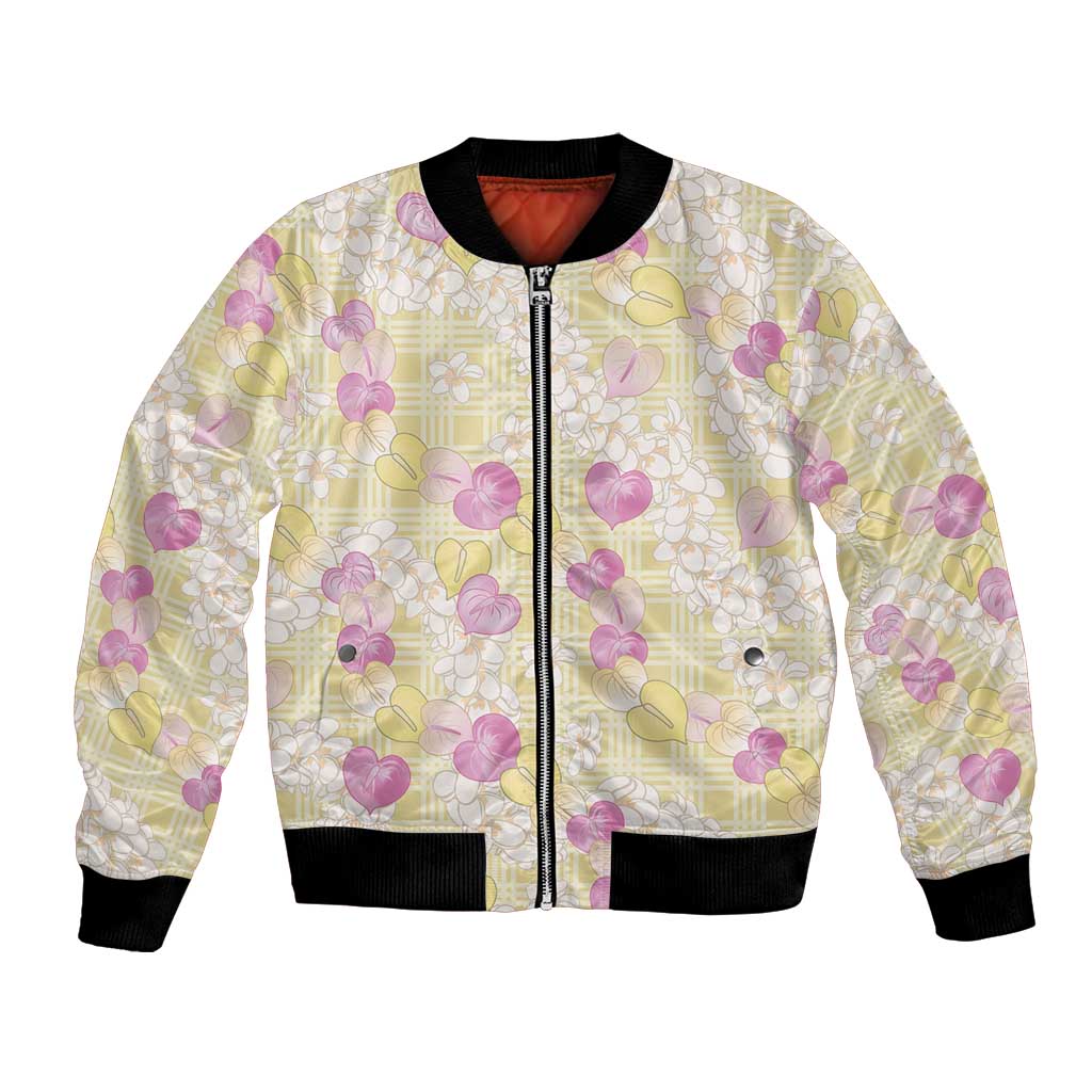 Anthurium Plumeria Lei Pastel Bomber Jacket Yellow Hawaiian Splendid Palaka LT01 Unisex Yellow - Polynesian Pride