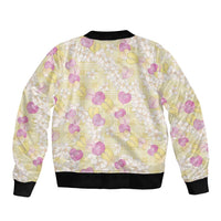 Anthurium Plumeria Lei Pastel Bomber Jacket Yellow Hawaiian Splendid Palaka LT01 - Polynesian Pride