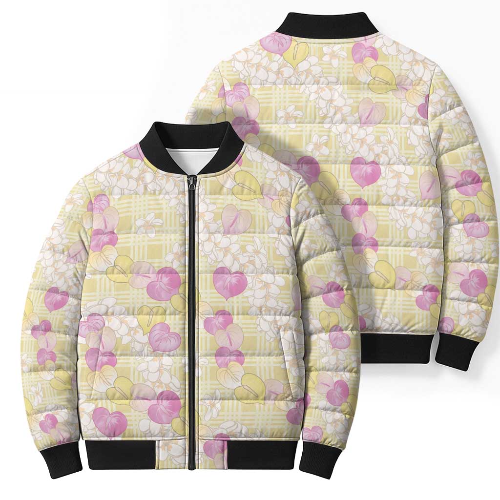 Anthurium Plumeria Lei Pastel Bomber Puffer Jacket Yellow Hawaiian Splendid Palaka LT01 - Polynesian Pride