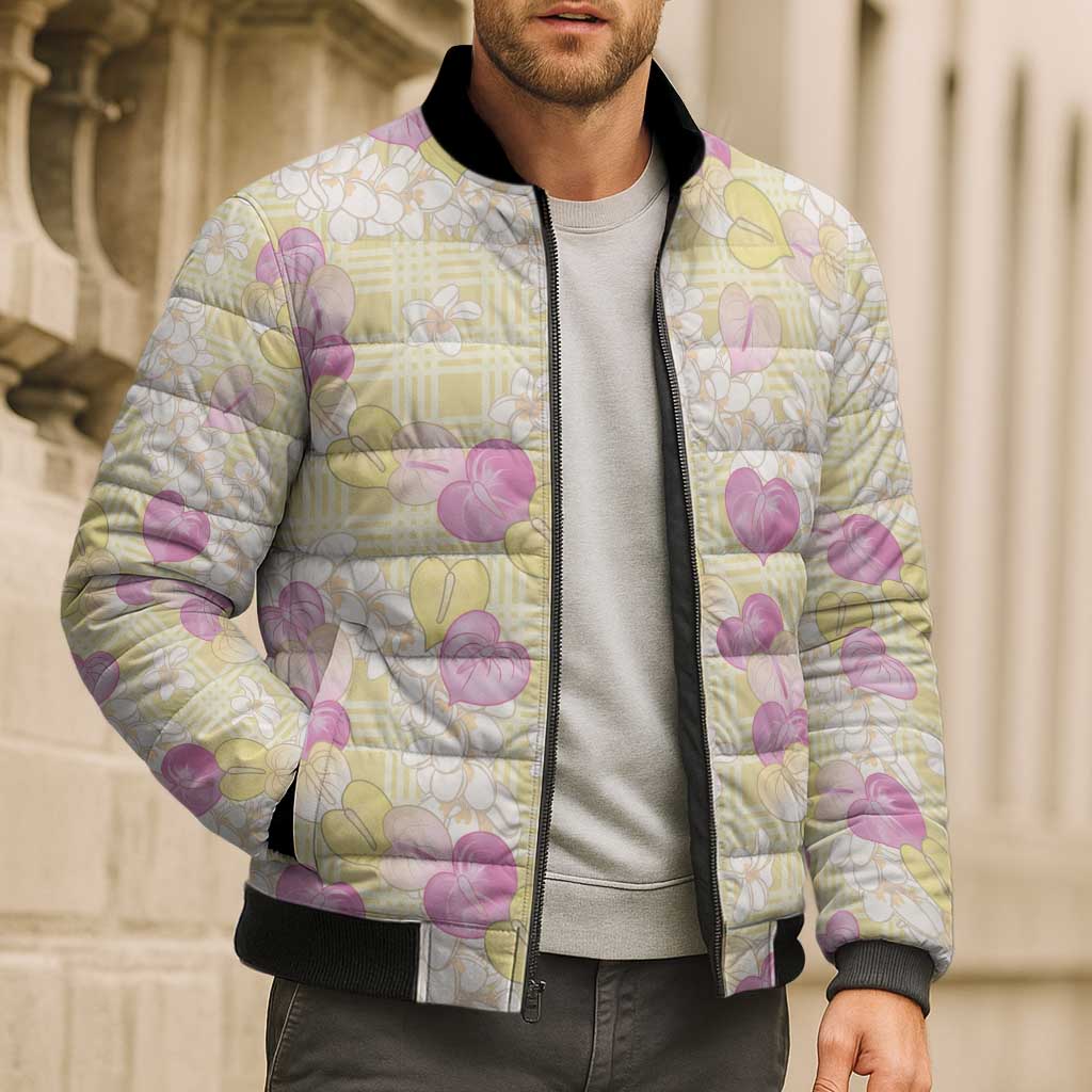 Anthurium Plumeria Lei Pastel Bomber Puffer Jacket Yellow Hawaiian Splendid Palaka LT01 - Polynesian Pride