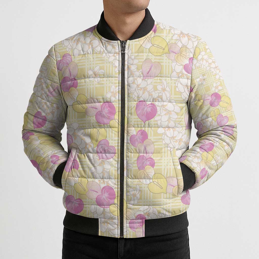Anthurium Plumeria Lei Pastel Bomber Puffer Jacket Yellow Hawaiian Splendid Palaka LT01 - Polynesian Pride
