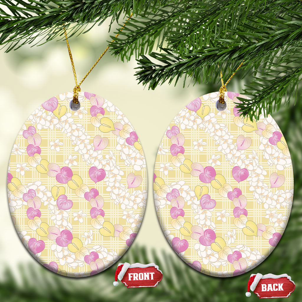 Anthurium Plumeria Lei Pastel Ceramic Ornament Yellow Hawaiian Splendid Palaka LT01 Oval Yellow - Polynesian Pride