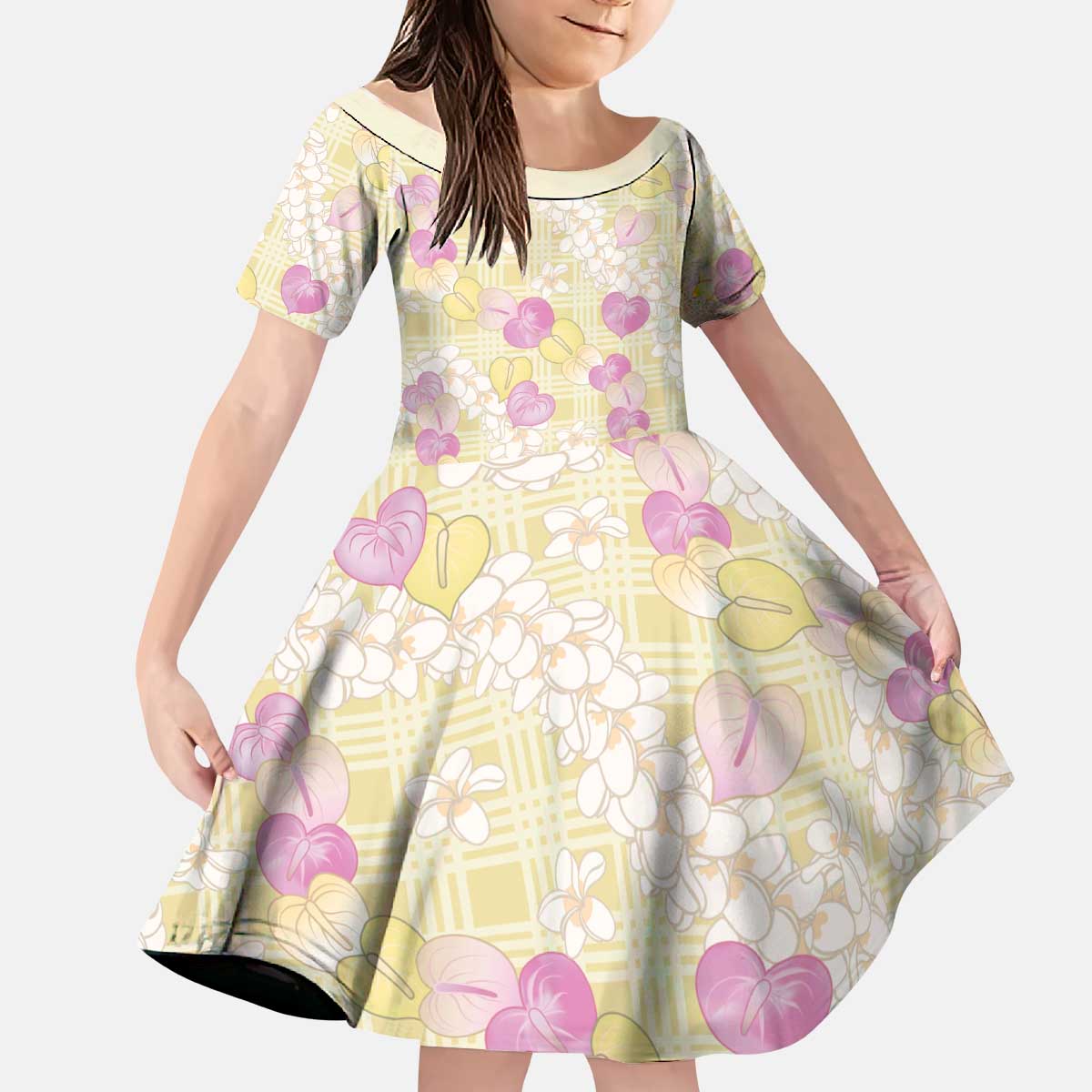 Anthurium Plumeria Lei Pastel Kid Short Sleeve Dress Yellow Hawaiian Splendid Palaka LT01 KID Yellow - Polynesian Pride