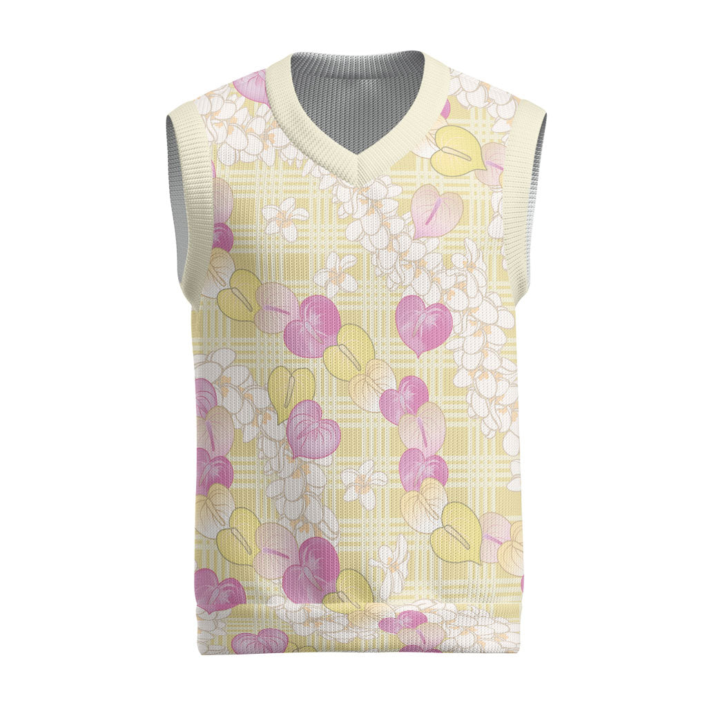 Anthurium Plumeria Lei Pastel Christmas Knitted V-Neck Vest Yellow Hawaiian Splendid Palaka LT01 Yellow - Polynesian Pride