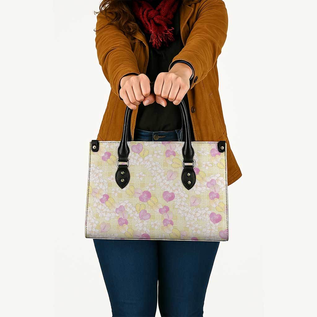 Anthurium Plumeria Lei Pastel Leather Bag Yellow Hawaiian Splendid Palaka LT01 - Polynesian Pride