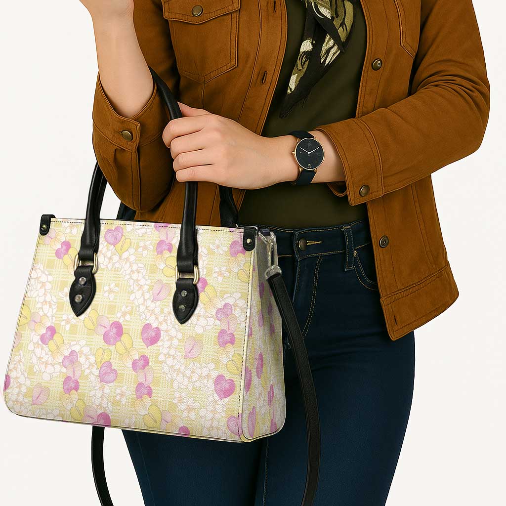 Anthurium Plumeria Lei Pastel Leather Bag Yellow Hawaiian Splendid Palaka LT01 - Polynesian Pride