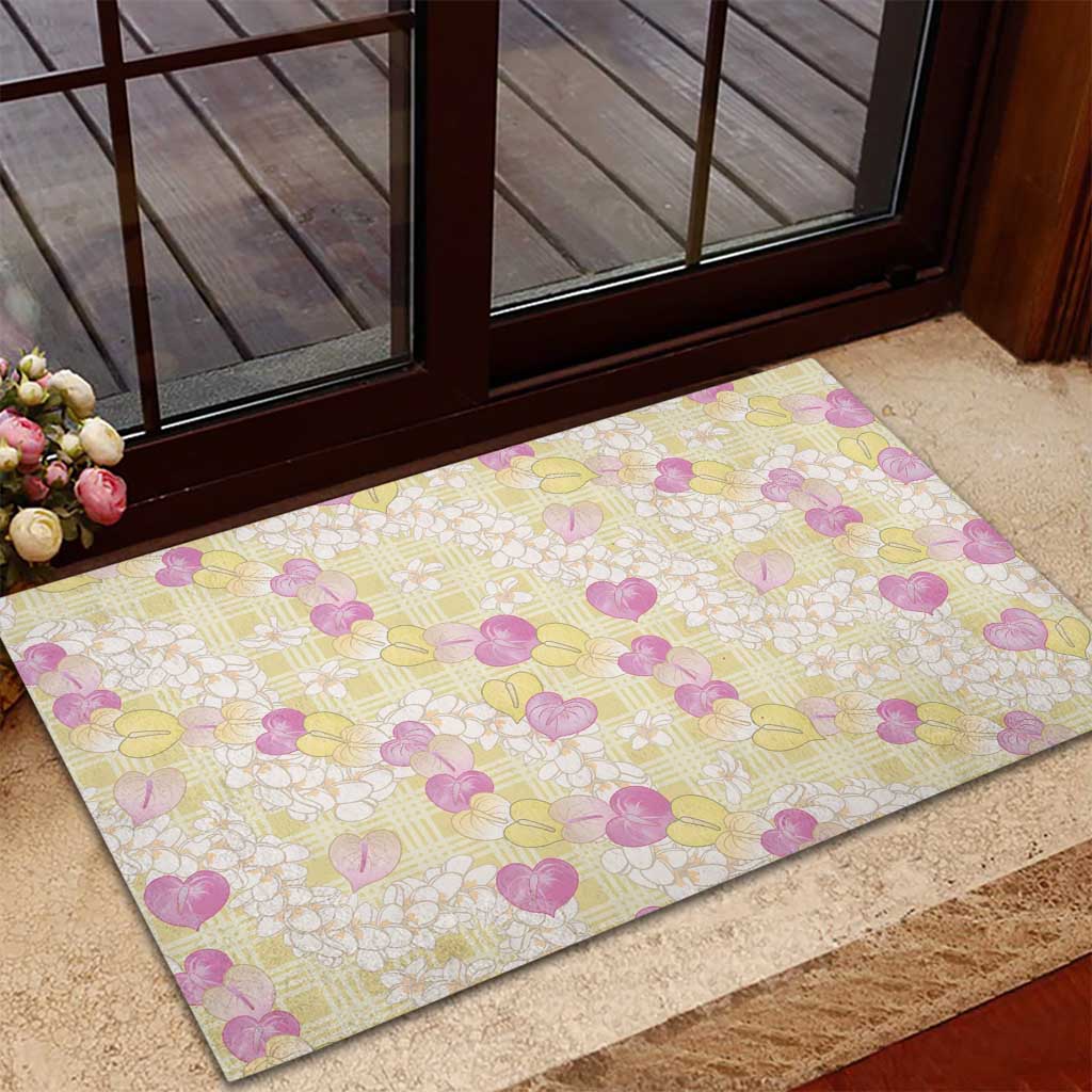 Anthurium Plumeria Lei Pastel Rubber Doormat Yellow Hawaiian Splendid Palaka LT01 - Polynesian Pride