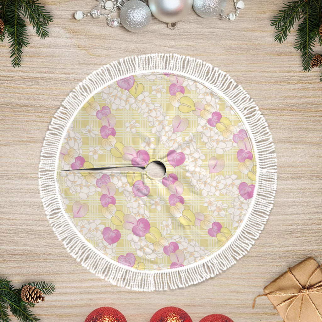 Anthurium Plumeria Lei Pastel Tree Skirt Yellow Hawaiian Splendid Palaka LT01 Fringed Yellow - Polynesian Pride