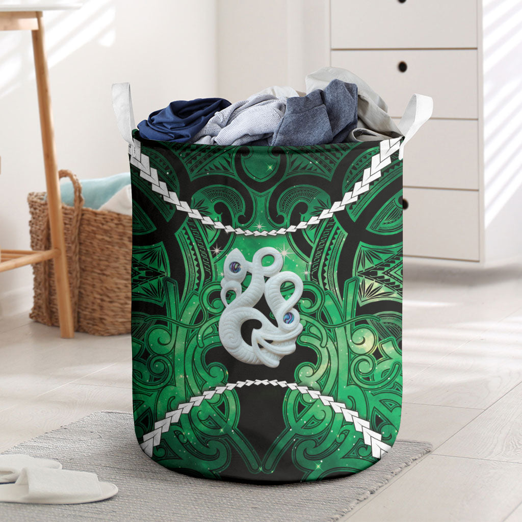 Maori Matariki Manaia Kakariki Laundry Basket Maori Kowhaiwhai Pattern Galaxy LT01 Green - Polynesian Pride