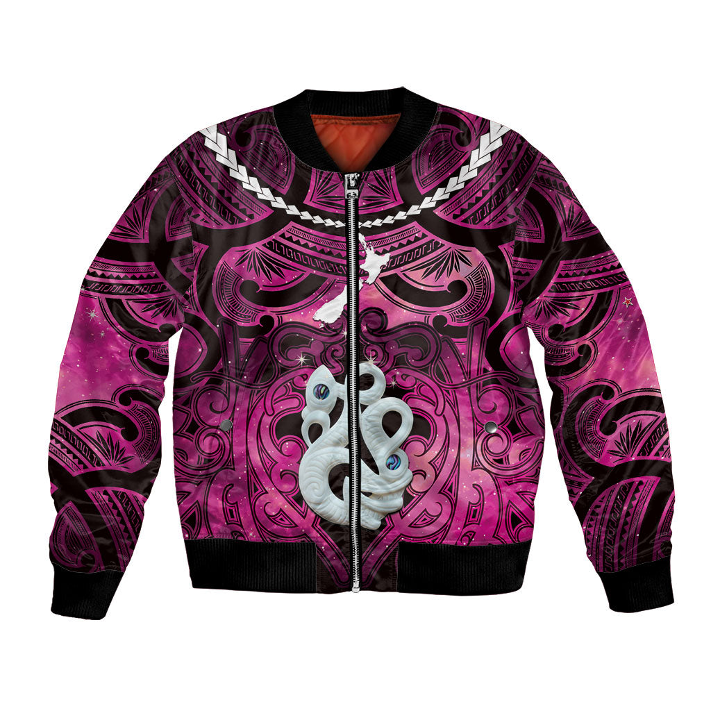 Personalised Maori Matariki Manaia Mawhero Bomber Jacket Maori Kowhaiwhai Pattern Galaxy LT01 Unisex Pink - Polynesian Pride