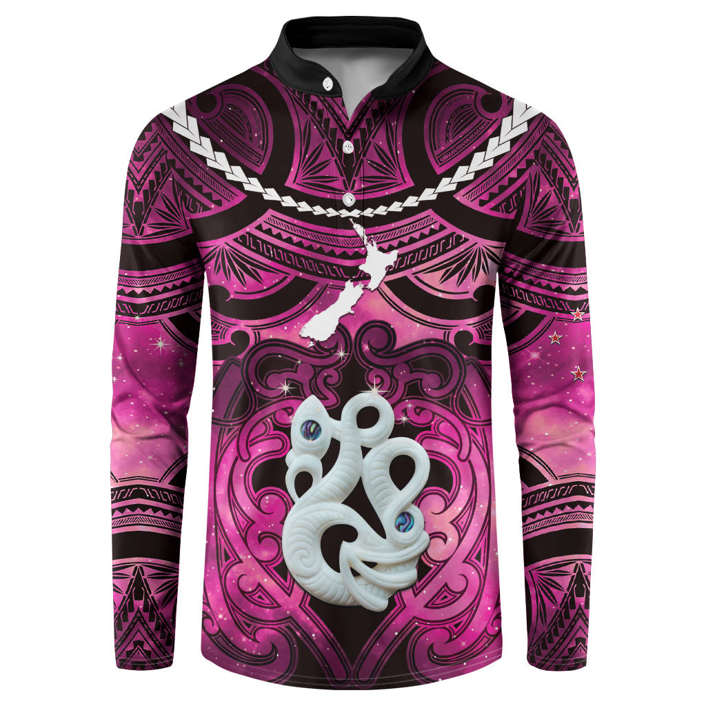 Personalised Maori Matariki Manaia Mawhero Button Sweatshirt Maori Kowhaiwhai Pattern Galaxy LT01 Pink - Polynesian Pride