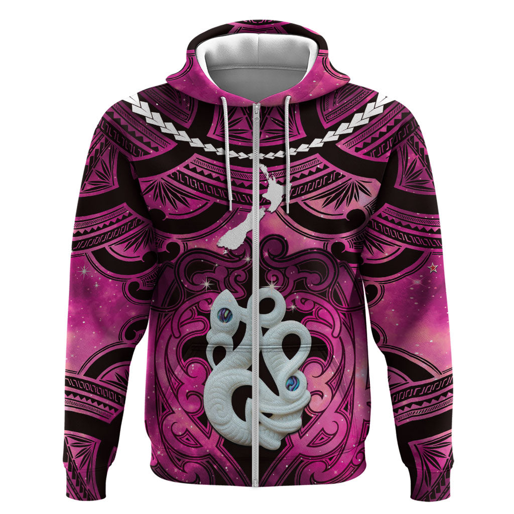 Personalised Maori Matariki Manaia Mawhero Zip Hoodie Maori Kowhaiwhai Pattern Galaxy LT01 Zip Hoodie Pink - Polynesian Pride