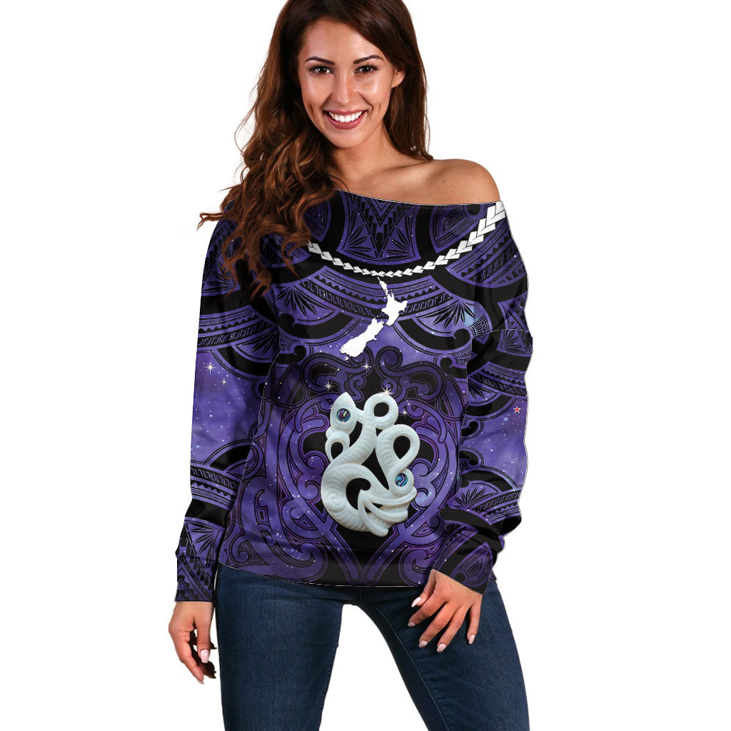 Personalised Maori Matariki Manaia Waiporoporo Off Shoulder Sweater Maori Kowhaiwhai Pattern Galaxy LT01 Women Purple - Polynesian Pride