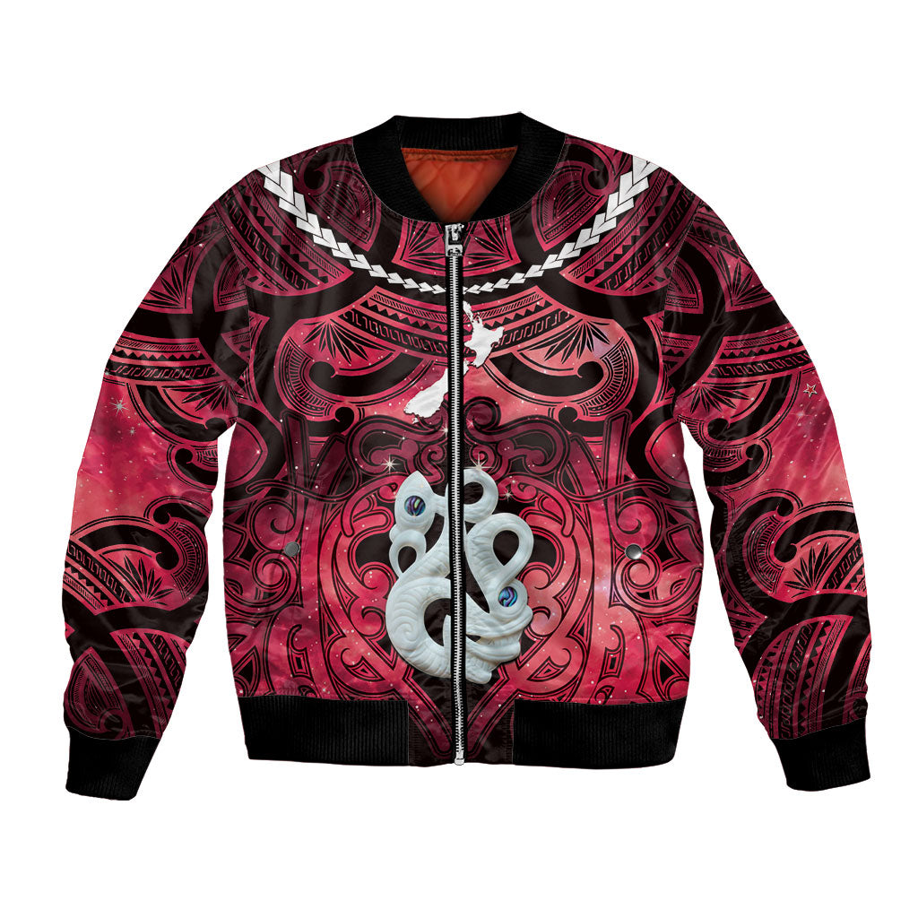 Personalised Maori Matariki Manaia Whero Bomber Jacket Maori Kowhaiwhai Pattern Galaxy LT01 Unisex Red - Polynesian Pride