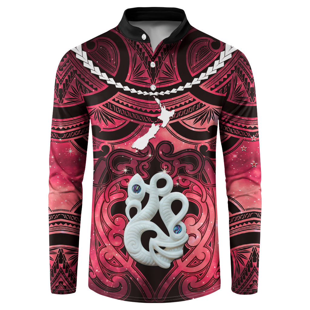 Personalised Maori Matariki Manaia Whero Button Sweatshirt Maori Kowhaiwhai Pattern Galaxy LT01 Red - Polynesian Pride