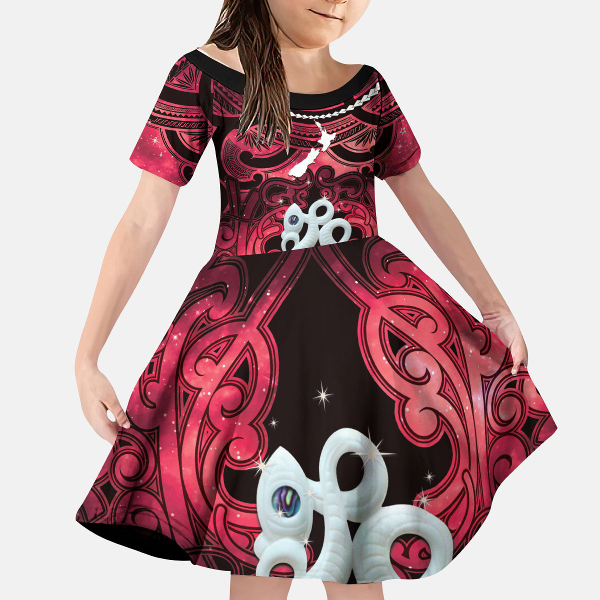 Personalised Maori Matariki Manaia Whero Kid Short Sleeve Dress Maori Kowhaiwhai Pattern Galaxy LT01 KID Red - Polynesian Pride