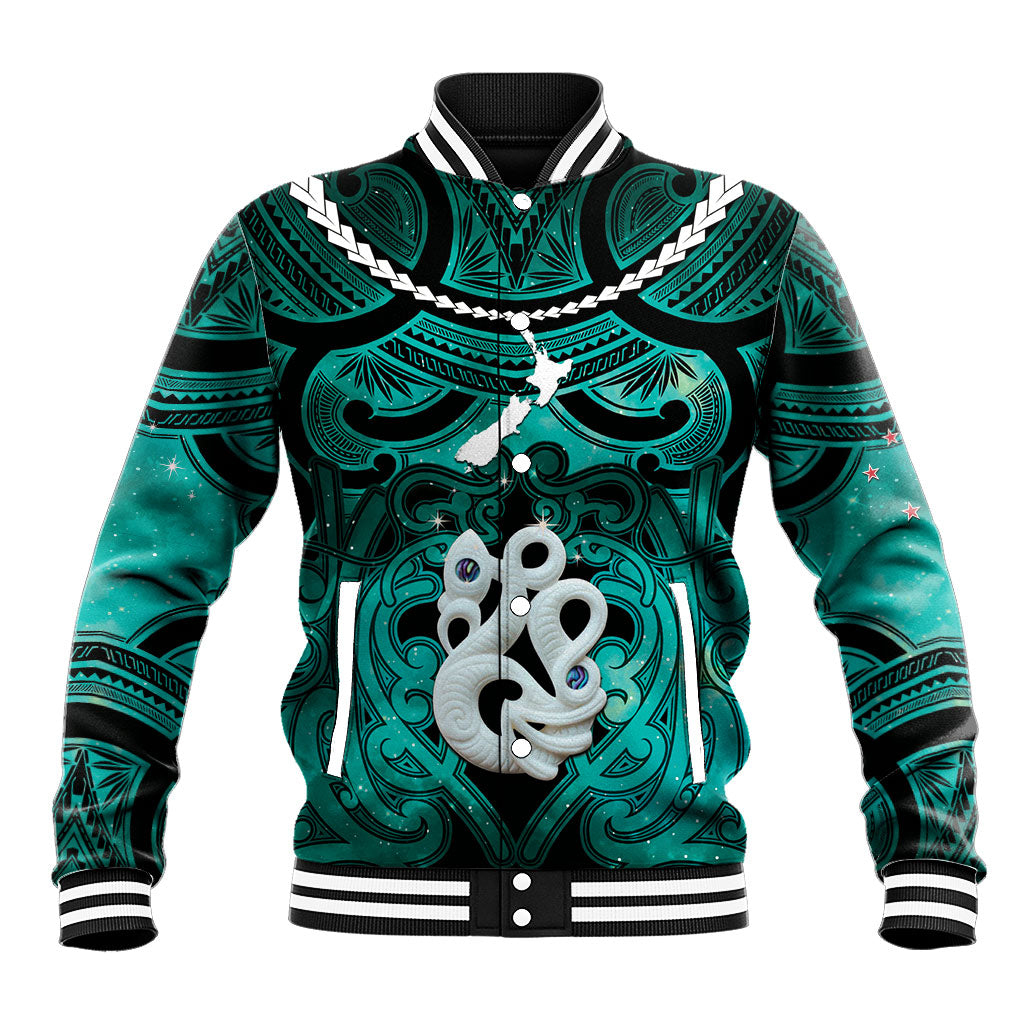 Personalised Maori Matariki Manaia Turquoise Baseball Jacket Maori Kowhaiwhai Pattern Galaxy LT01 Unisex Turquoise - Polynesian Pride
