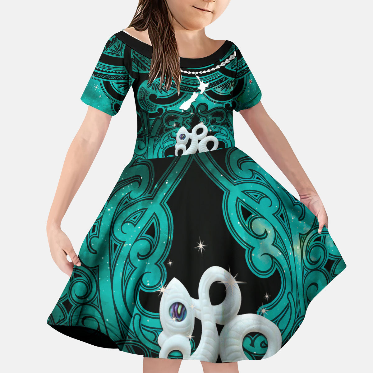 Personalised Maori Matariki Manaia Turquoise Kid Short Sleeve Dress Maori Kowhaiwhai Pattern Galaxy LT01 KID Turquoise - Polynesian Pride
