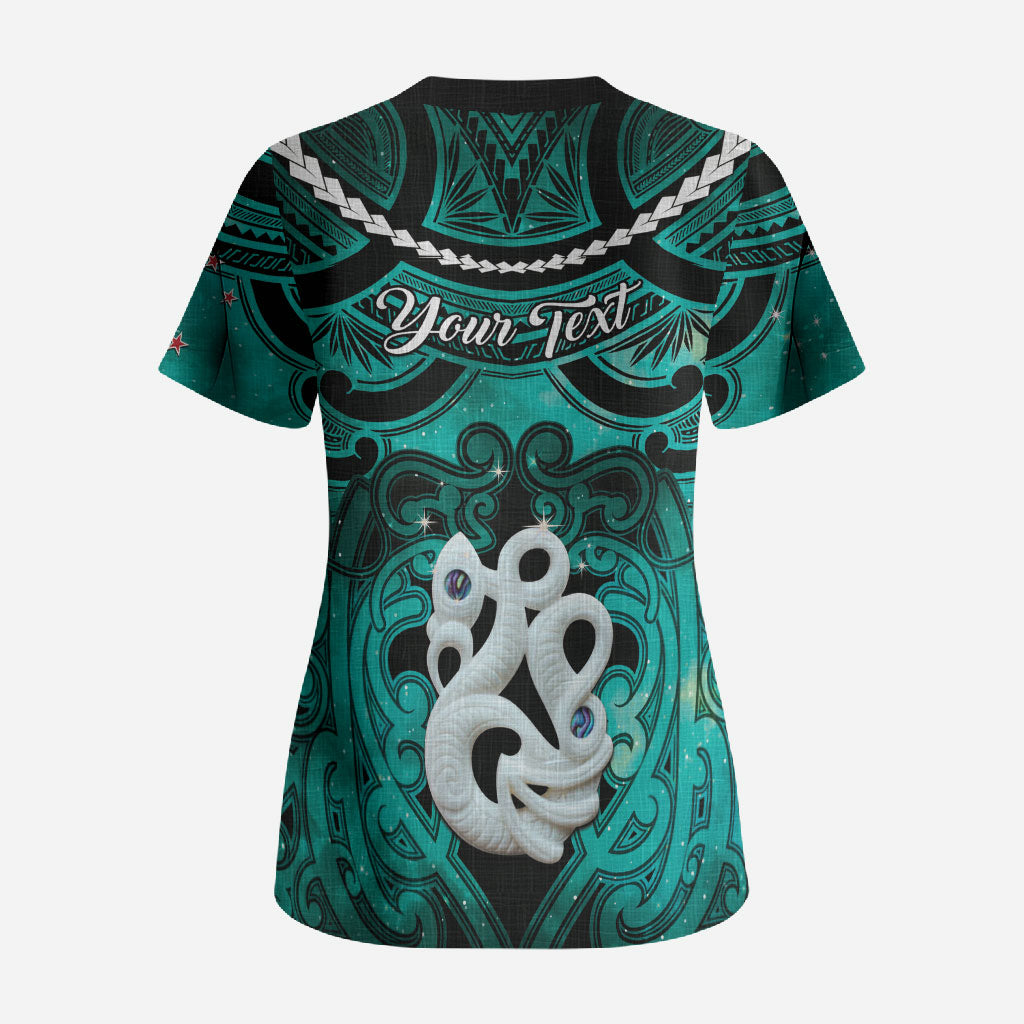 Personalised Maori Matariki Manaia Turquoise Scrub Top Maori Kowhaiwhai Pattern Galaxy LT01 - Polynesian Pride