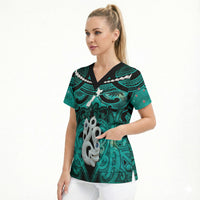 Personalised Maori Matariki Manaia Turquoise Scrub Top Maori Kowhaiwhai Pattern Galaxy LT01 - Polynesian Pride