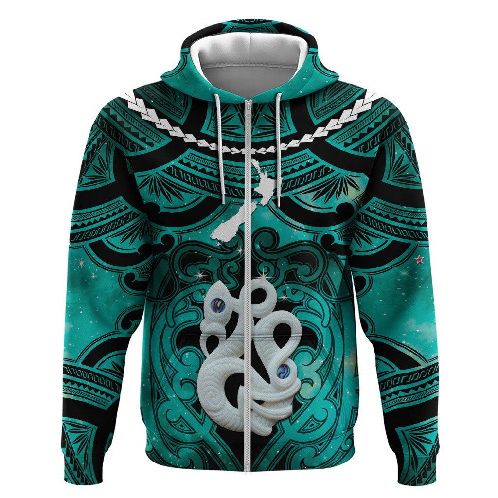 Personalised Maori Matariki Manaia Turquoise Zip Hoodie Maori Kowhaiwhai Pattern Galaxy LT01 Zip Hoodie Turquoise - Polynesian Pride