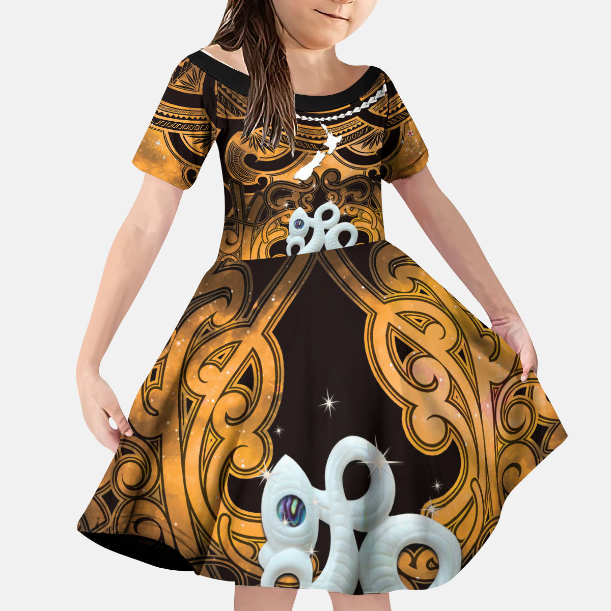 Personalised Maori Matariki Manaia Kowhai Kid Short Sleeve Dress Maori Kowhaiwhai Pattern Galaxy LT01 KID Yellow - Polynesian Pride