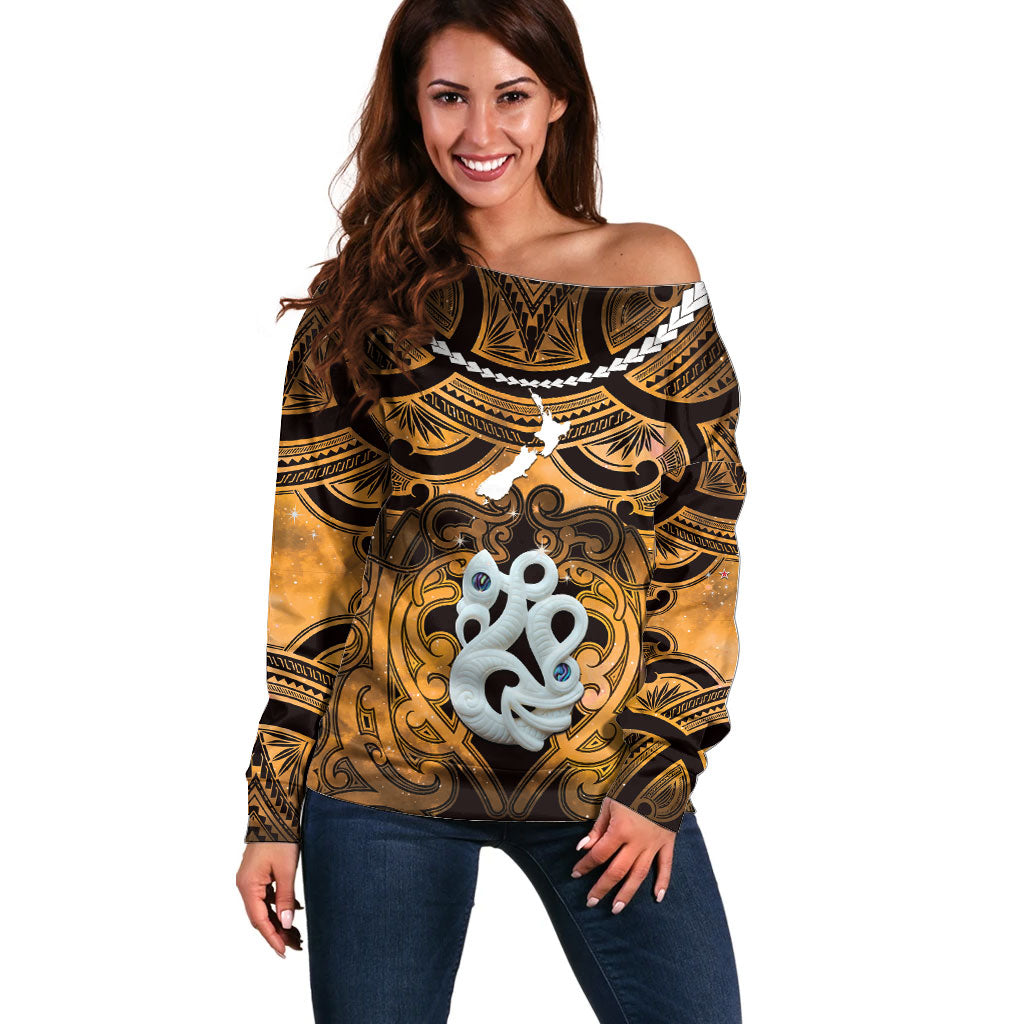 Personalised Maori Matariki Manaia Kowhai Off Shoulder Sweater Maori Kowhaiwhai Pattern Galaxy LT01 Women Yellow - Polynesian Pride