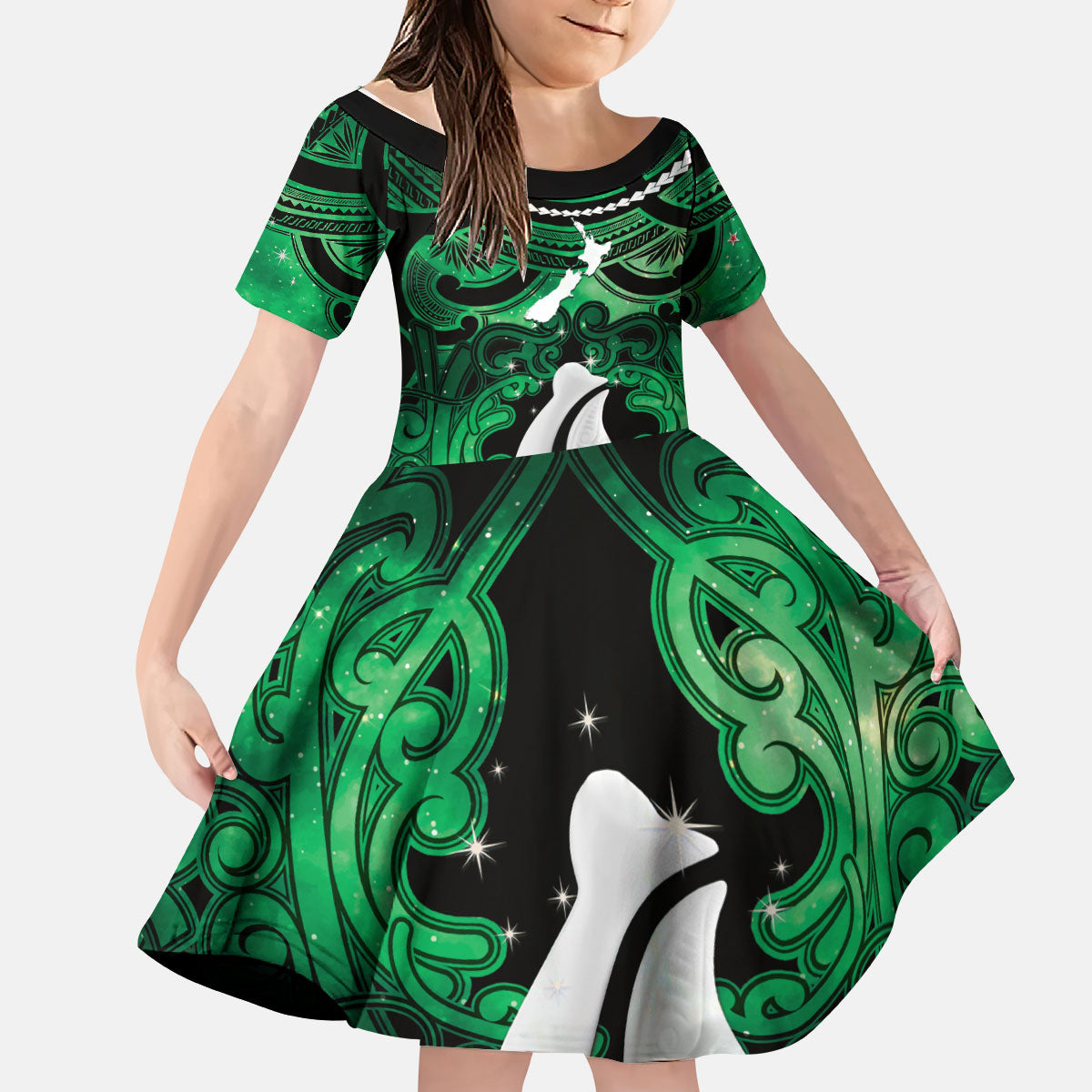 Personalised Maori Matariki Hei Matau Kakariki Kid Short Sleeve Dress Maori Kowhaiwhai Pattern Galaxy LT01 KID Green - Polynesian Pride